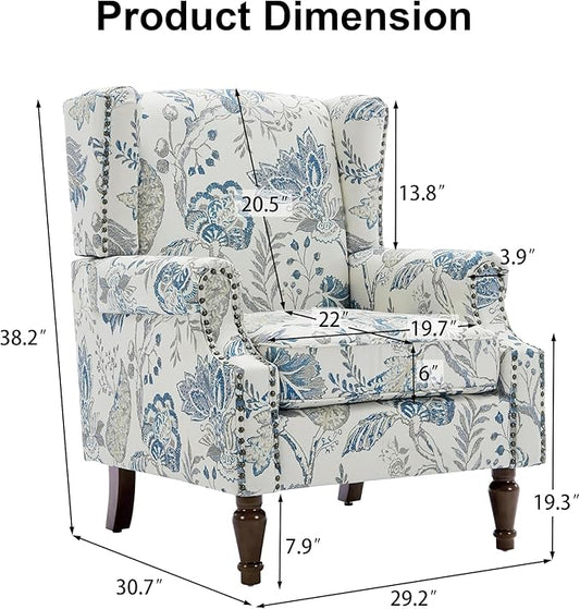 Pia Ricco High Back Floral Accent Chair - Retro Wingback Upholstered Armchair with Nailhead Trim, Solid Wood Legs, Fabric Living Room Bedroom Reading Chair (Plants Blue)