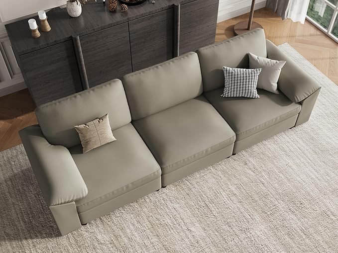 EASE MOOSE 3 Seater Deep Seat Sectional Sofa,Scratch Resistant Faux Leather Material, Oversized Modular Couch for Living Room,Modern Comfy Sofas for Small Spaces, Light Grey