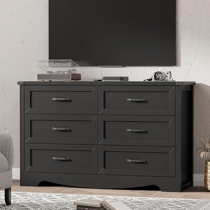 Dresser for Bedroom with 6 Drawers, 48" Wide Wood Chest of Drawers with Deep Drawers & Mental Handle, Modern Dresser TV Stand, Wooden Closet Storage Organizer for Living Room, Hallway, Entryway, Black