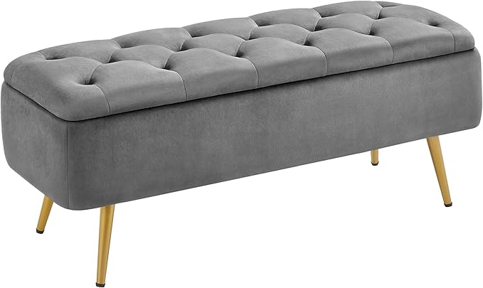 Yaheetech Ottoman with Storage, Velvet Entryway Bench with Safety Hinge, Upholstered Bench with Seating for Bedroom, Living Room, Holds up to 519 lb, Gray