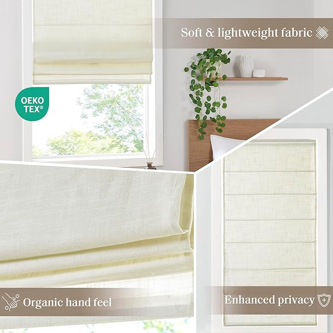 Madison Park Kyler Cordless Roman Shades - Single Panel, Lightweight Linen Blend Fabric, Natural Design, Easy Installation, Light Filtering Window Blind, Bedroom, Living Room Decor 31"W x 64"L Ivory