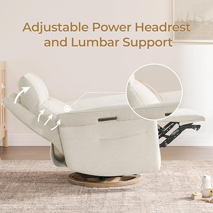 CHITA Power Recliner Chair, Electric Triple-Motor Swivel Glider Nursery Rocking Chair with Adjustable Power Headrest and Lumbar Support, GREENGARD Gold Certified, Solid Wood Base, Linen