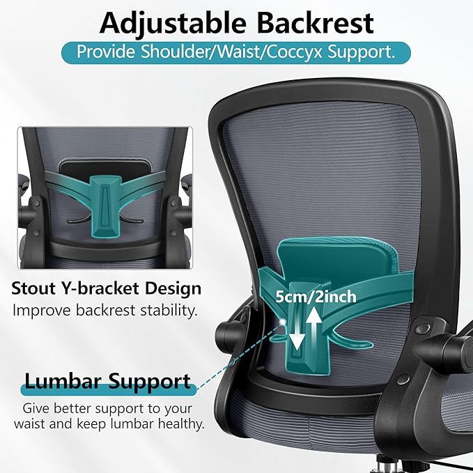 FelixKing Office Chair, Ergonomic Desk Chair Breathable Mesh Chairs Adjustable High Back Lumbar Support Flip-up Armrests, Executive Rolling Swivel Comfy Computer Chairs Home Office Dark Gray