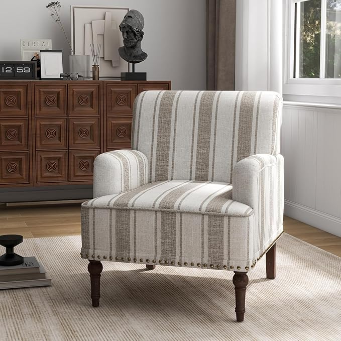 UIXE Stripe Accent Chair, Modern Upholstered Armchair in Fabric for Living Room, Nailhead Trim Club Arm Chair Comfy Single Sofa Bedroom Reading Seat with Wood Legs - Brown