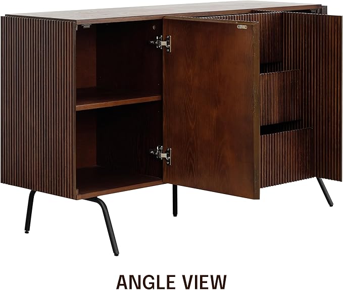 NTC Veil Sideboard with 2 Doors and 3 Drawers, Buffet Cabinet with Vertical Groove Design and Metal Legs, Storage Cabinet for Living Room, and Entryway, Effortless Assembly - Dark Walnut