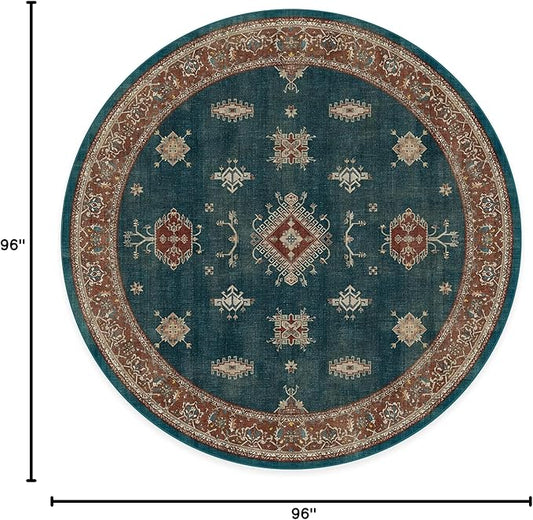 RUGGABLE Washable Vintage Area Rug – Verena Teal Blue 8 ft Round, Stain-Resistant, Non-Slip – Large Machine Washable Rugs for Living Room, Bedroom, Hallway, Entryway & Office–with Standard Pad