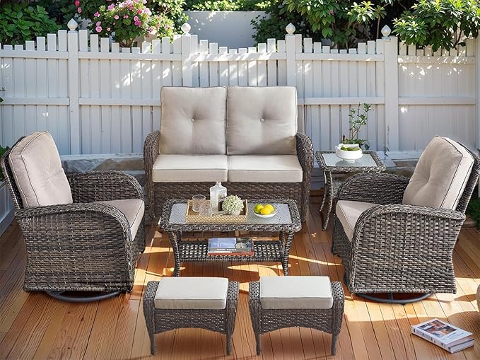 HUMMUH Patio Furniture 7-Piece PE Wicker Outdoor Conversation Set,All-Weather Rattan Swivel Chairs with Ottomans Glider Loveseat for Backyard,Poolside,Deck
