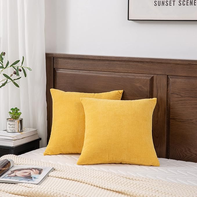 GAWAMAY Decorative Square Throw Pillow Covers 22"x22" Inch Set of 2, Super Soft Chenille Pillows Farmhouse Fall Pillowcase for Living Room Bedroom Sofa Couch Cushion Cover Mustard Yellow 55x55cm