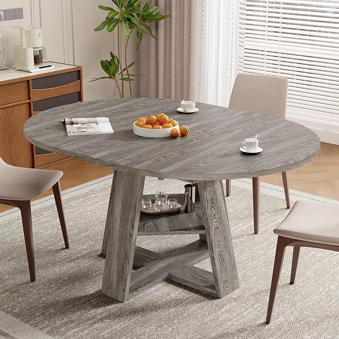 Aivermel 43.3‑59 in Extendable Oval Dining Table for 4‑6, Engineered Wood Round Dining Table with Hidden Extension Storage & Bottom Shelf, Space‑Saving Modern Kitchen Living Room Tables (Vintage Grey)