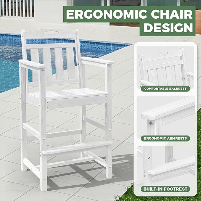 HDPE Outdoor Patio Tall Adirondack Bar Chairs Set of 2, All-Weather Bar Height Balcony Adirondack Stools for Bistro, Garden, Backyard, Pool, Deck | White
