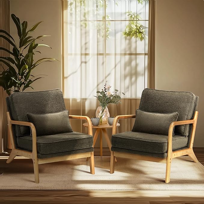 COLAMY Mid Century Modern Accent Chair with Lumbar Pillow, Relaxing Armchair with Solid Wood Frame & Soft Cushion, Reading Leisure Chair for Living Room,Bedroom,Waiting Room(Green)