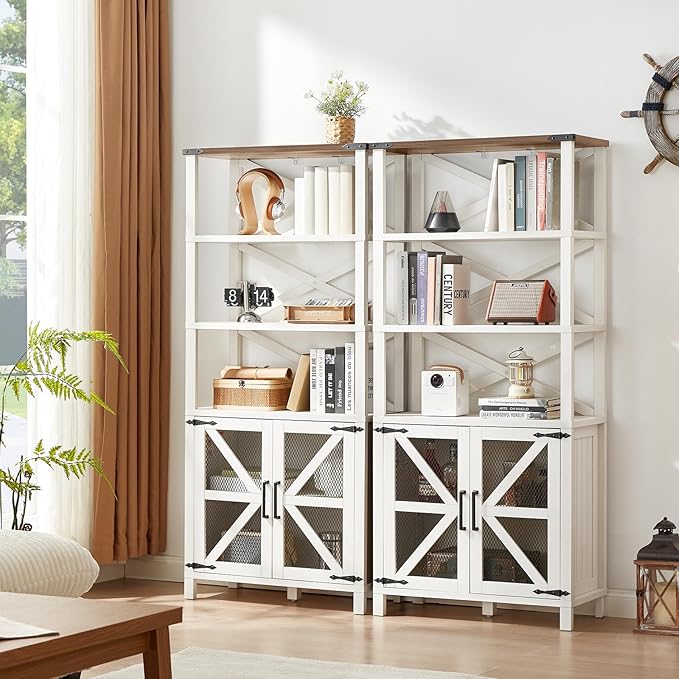 5 Tier Bookshelf 70" Tall Bookcase with Barn Doors,Large Farmhouse Display Book Shelf with Adjustable Shelves and Storage Cabinet,Library Wood Bookshelves for Living Room,Kitchen,White(2PCS)