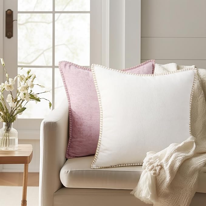 decorUhome Chenille Soft Throw Pillow Covers 16x16 Set of 2, Farmhouse Velvet Neutral Decorative Euro Pillow Covers with Stitched Edge for Couch Sofa Bed Home Decor, Cream White