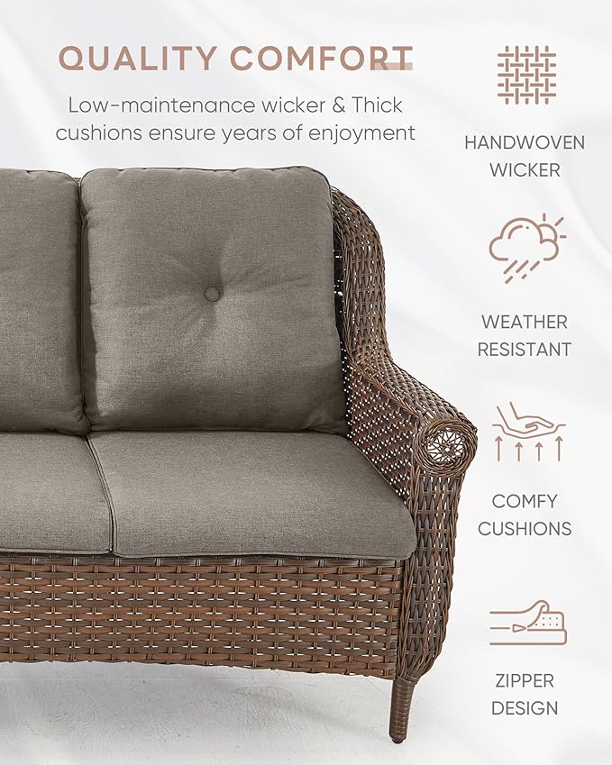 Patio Loveseat Outdoor Wicker Sofa - Heavy Duty All-Weather Brown Rattan 2-Person Sofas with High Back and Comfortable Thick Cushions for Garden Back Porch Poolside Apartment - Grey