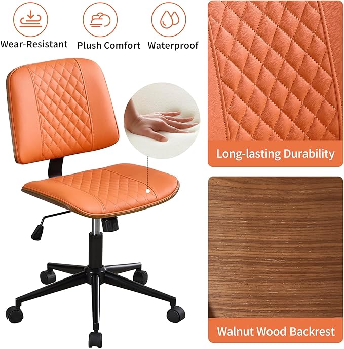 Armless Orange Home Office Chair – Mid-Back PU Leather, Adjustable Height Desk Chair with Swivel Wheels, Walnut Frame for Small Space Study or Bedroom