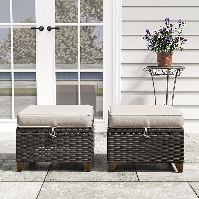 2 Pieces Patio Outdoor Ottomans with Removable and Washable Covers,PE Rattan Wicker Footstools for Porch, Garden, Sunroom (Beige)