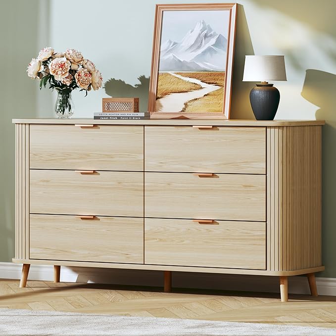 Fluted 6 Drawers Dresser for Bedroom, Mid Century Modern Chests of Drawers, Curved Profile Design, Wide Wood Storage Dresser for Entryway, Hallway, Oak