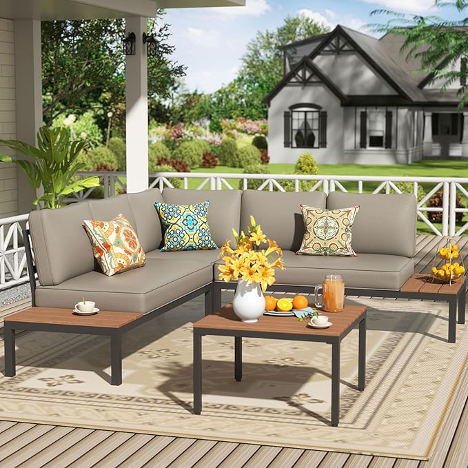 NATURAL EXPRESSIONS Patio Furniture Sets, Metal Outdoor Sectional L Shape Corner Sofa Outdoor Couch with Detachable Backrest,3 Fauxwood Tables,Black Frame,Shale Olefin Cushions for Yard,Garden