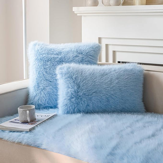 Neelvin Blue Faux Fur Cozy Fluffy Double-Sided Decorative Throw Pillow Covers 20x20 inch Set of 2,Velvet Pillowcase Cushion Case for Sofa Couch