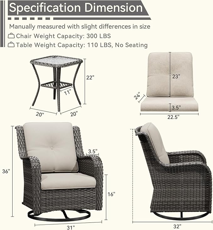 3 Pieces Outdoor Furniture Set - Patio Wicker Swivel Rocker Chair Set of 2 and 1 Side Table, Beige, Mixed Brown Rattan, Suitable for Porch, Yard