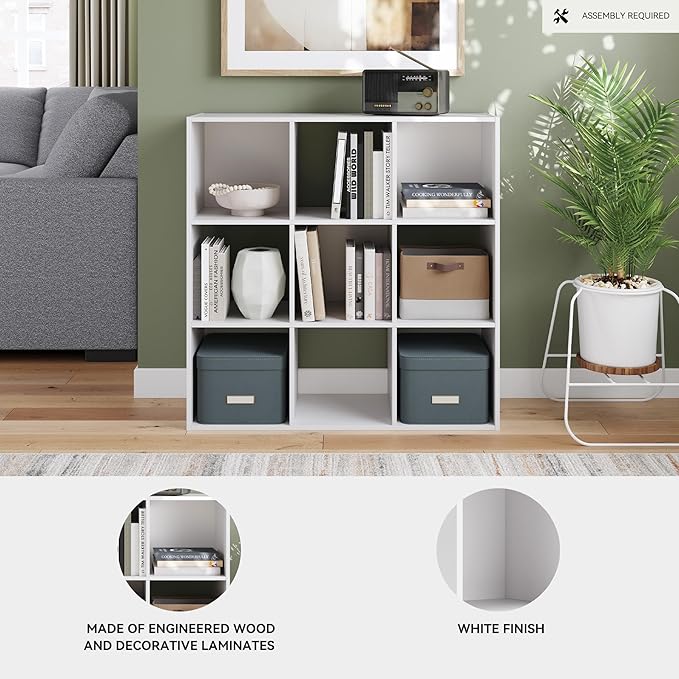Signature Design by Ashley Onita Modern 3-Tier Floor Standing 9 Cube Organizer for Living Room, Wood, Works with 10.5" W x 10.5" D x 11" H Storage Bin (Sold Separately), White