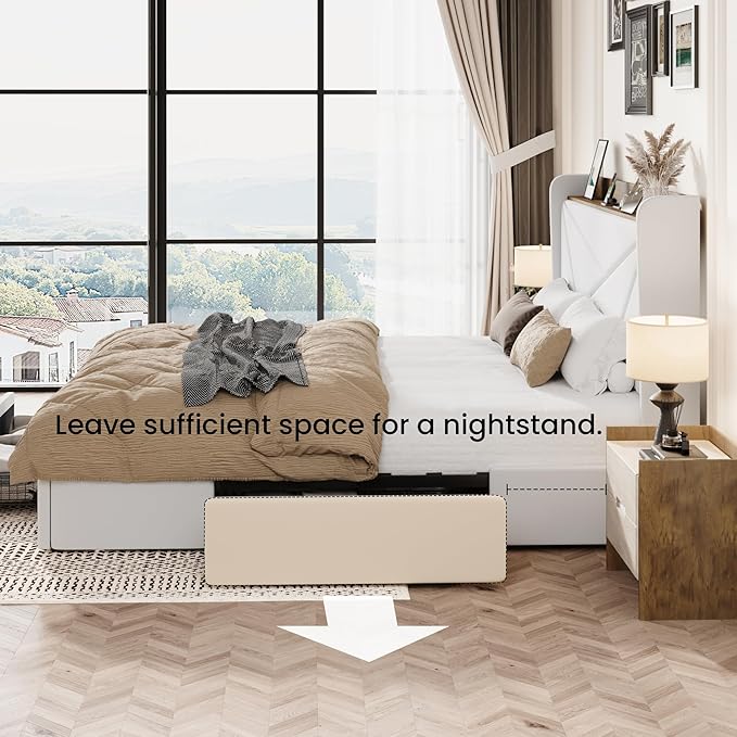 SHA CERLIN King Size Bed Frame with 3 Drawers, USB & Type-C Charging Ports, Velvet Upholstered Platform Bed with Modern Geometric Wingback Storage Headboard, No Box Spring Needed, Easy Assembly, White