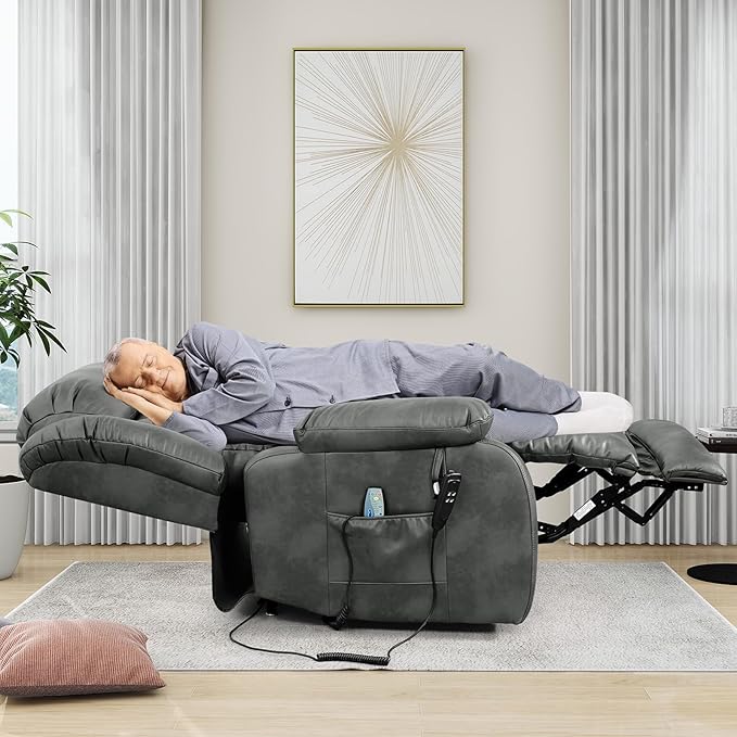 EDILLY Extra Large Power Lift Recliner Chairs for Elderly,Infinite Position Lay Flat Dual Motor Recliners Chair,with Heating and Massage, Breathable Leather,USB Ports and Remote Control(Silver Gray)