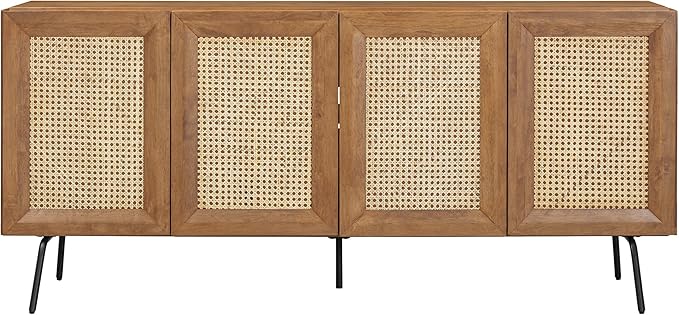 NTC MOSSIC Modern Sideboard with 4 Doors, Natural Rattan Storage Cabinet, Buffet with Metal Legs, Boho Accent Cabinet for Living Room, and Entryway, Effortless Assembly, Teak Look