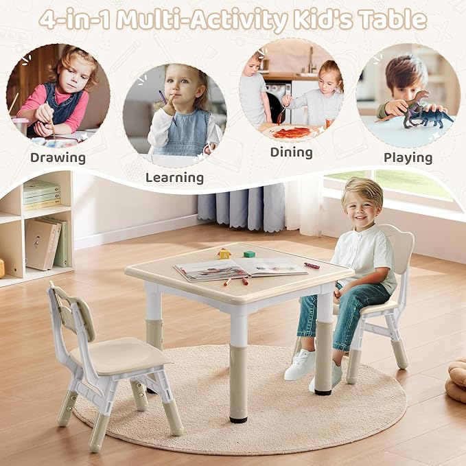 Adjustable Kids Table Chairs Set – Graffiti Desktop, Multi-Activity Height-Adjustable Toddler Study Desk for Ages 3-8 – Ideal for Home, Classroom, Daycare (W-Wood, 2 Chairs-23.6" L x 23.6" W)
