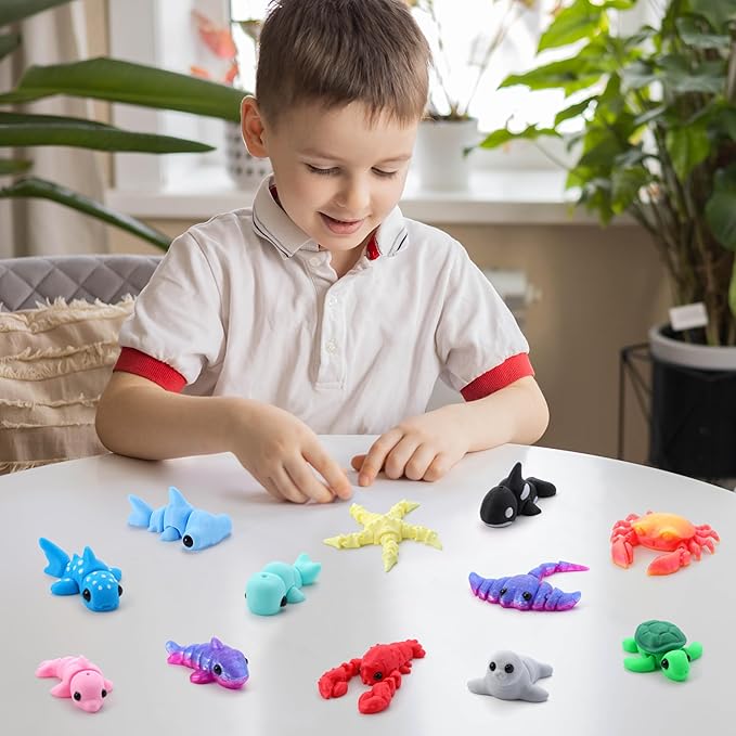 JOYIN 12 Pcs 3D Printed Ocean Animals Set, Mini Animals 3D Printed Toys - Cute Articulated Flexible Figurines Fidget Toys for Party Favors Birthday Gifts Desk Pets Office Home Decor