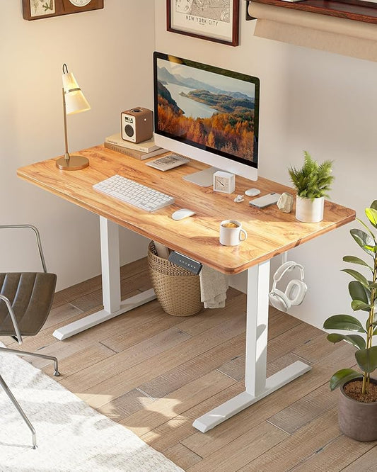 FEZIBO One-Piece Standing Desk Adjustable Height Stand up Home Office Desk, 40x24 Inch Electric Standing Computer Desk, with 4 Memory Presets, Headphone Hook, Light Rustic