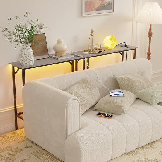 Narrow Console Table with Led Light and Charging Station,29.5" Small Entryway Table,Display Table,Entryway Hallway Thin Sofa Table Behind Sofa, Small Spaces, Living Room, Gray