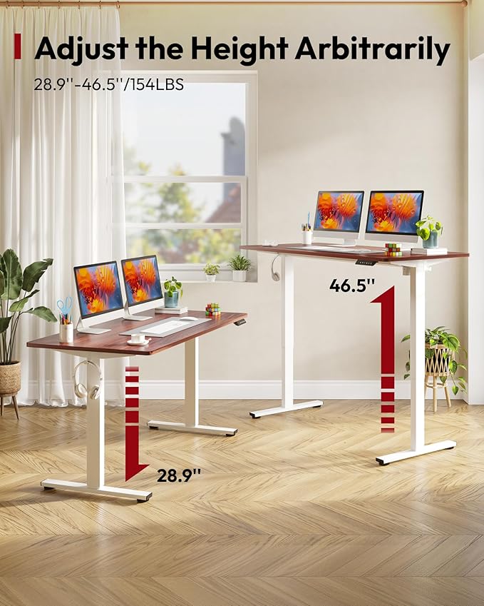 SANODESK Electric Standing Desk 60 x 24 Inches Whole-Piece Desktop Height Adjustable Stand Up Desk w/6-Button Controller Ergonomic Computer Desk for Home Office, White Frame + Mahogany Tabletop