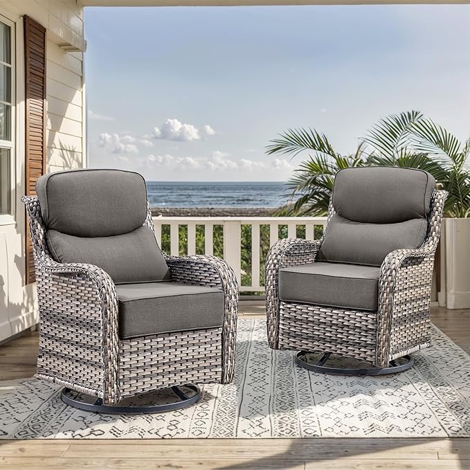 HUMMUH Outdoor Patio Wicker Swivel Rocker Chairs Set of 2 with 6-Inch Thick Cushion High Back Wicker Conversation Set for Porch Balcony Deck