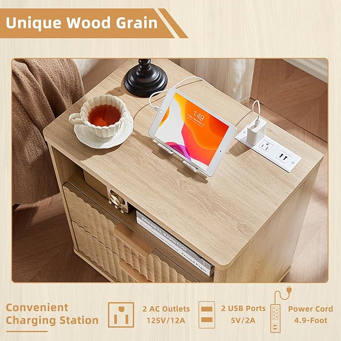 LEYAOYAO Fluted Nightstand Set of 2 with Charging Station,23" Modern Nightstand with Woodgrain Top, 2 Drawer End Table w/Storage, BedsideTables for Bedroom, Living Room, Curved Profile,Wood