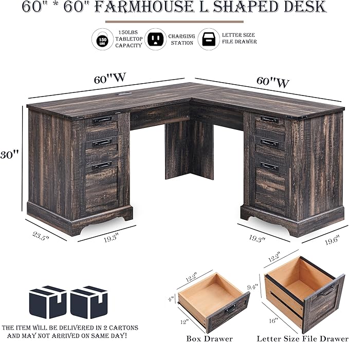 RedLemon 60" Farmhouse L Shaped Executive Desk with Drawers, Wood Home Office Corner Desk with Charging Station, File Drawer, Storage Cabinet, Rustic Computer Writing Desk (Dark Rustic Oak)