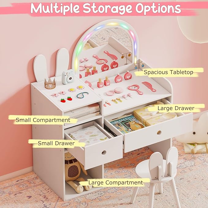 Costzon Kids Vanity, Girls Vanity Set with Mirror and Stool and Lights, Drawers & Storage Compartments, Toddler Makeup Vanity Desk Dressing Table, Wooden Kids Vanity Table and Chair Set (White)