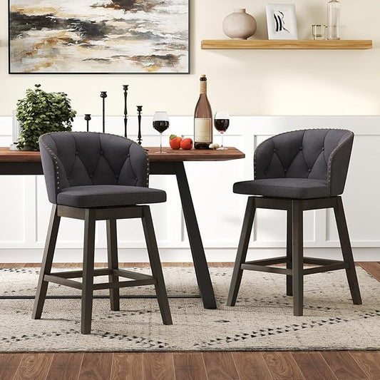 COSTWAY Counter Height Bar Stools Set of 4, Fabric Upholstered Island Stools with 360° Swivel Seat & Button-Tufted Back, Modern Pub Stools with Solid Rubber Wood Frame (Grey,4)