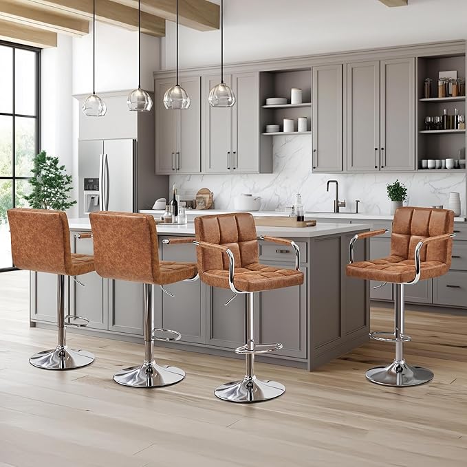 Yaheetech Bart Stools Set of 4, PU Leather Adjustable Barstools with Armrest, Counter Height Stool Chairs with Thickened Seat Cushion for Kitchen Island, Retro Brown