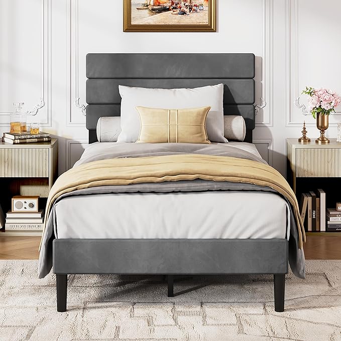 WLIVE Twin Size Upholstered Bed Frame, Velvet Square Tufted Headboard, Sturdy Metal & Wooden Slats Support, No Box Spring Needed, Light Grey