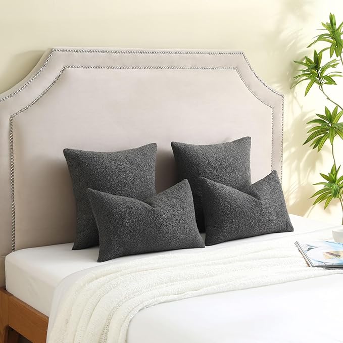 FUTEI Pack of 2 Dark Grey Decorative Throw Pillow Covers 12x20 Inch Soft Cozy Solid Boucle Textured Lumbar Pillow Cases,Modern Home Decor for Couch Bed Living Room