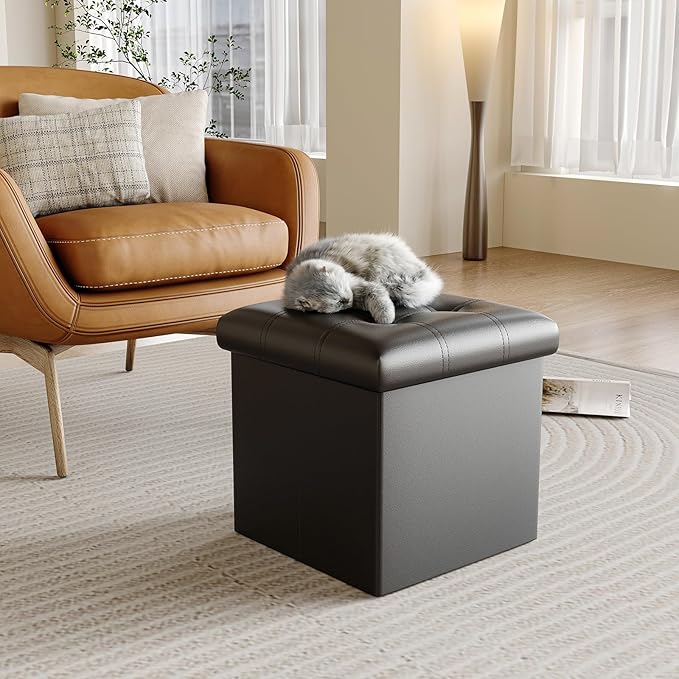 YOUDENOVA 15 inches Folding Storage Ottoman, Cube Storage Boxes, Small Ottoman with Foam Padded Seat, Support 300lbs (Black, Leather)