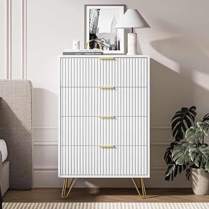 White Dresser for Bedroom, Modern Dresser with Gold Metal Handles & Chests of Drawers