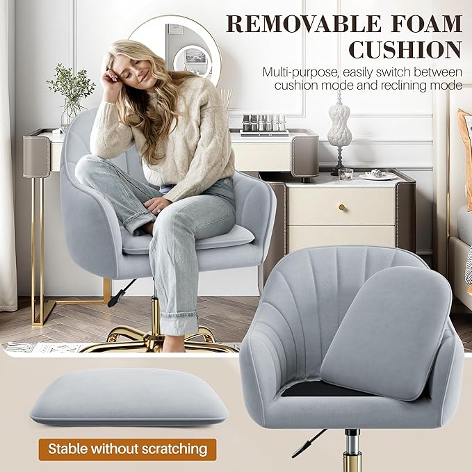 Comfy Home Office Desk Chairs Vanity Chair with Wheels Adjustable Modern Velvet Makeup Vanity Chairs for Bedroom Living Room(Grey)