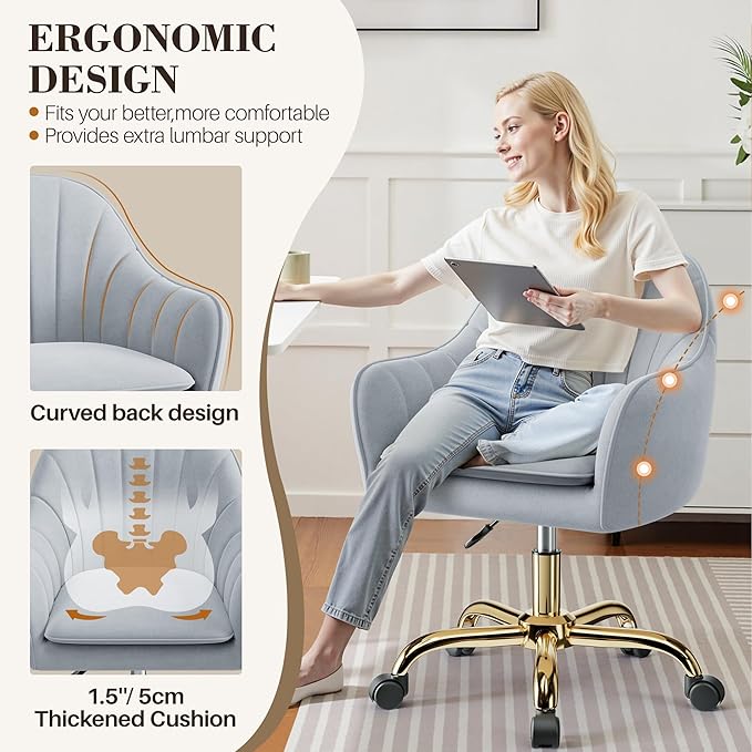 Comfy Home Office Desk Chairs Vanity Chair with Wheels Adjustable Modern Velvet Makeup Vanity Chairs for Bedroom Living Room(Grey)