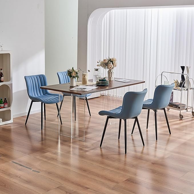 YOUNUOKE Mid-Century Modern Dining Chairs Set of 2, Blue PU Leather Upholstered Kitchen Chairs with Black Metal Legs, Armless Accent Chair for Dining Room, Guest Reception Room