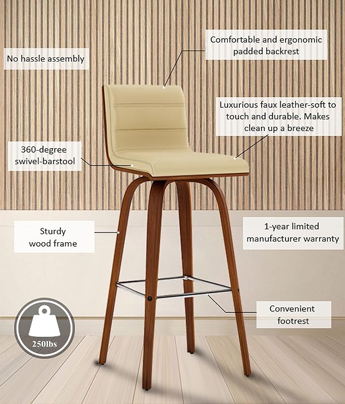 Armen Living Vienna 30" Swivel Bar Stool in Walnut Wood Finish with Cream Faux Leather - Set of 3