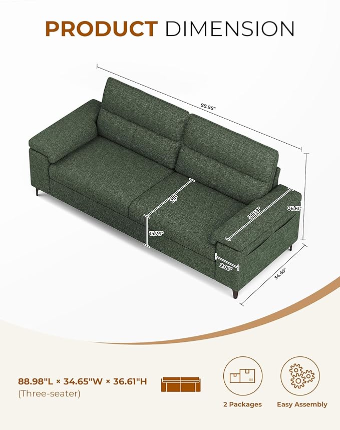 88.97" Modern Sofa Couch for Living Room, Deep Seat Sofas with 8”Cushion, Comfy 2-Seater Chenille Loveseat with Convertible Armrest, Removable Sofa Cover, High Leg (Green)