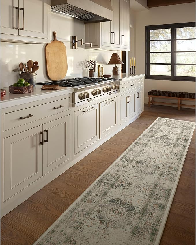 RUGGABLE Washable Vintage Runner Rug – Sarrah Sage 2.5x12, Stain-Resistant, Non-Slip Hallway Runner – Machine Washable Rug for Hallway, Entryway, Living Room & Kitchen – with Standard Pad