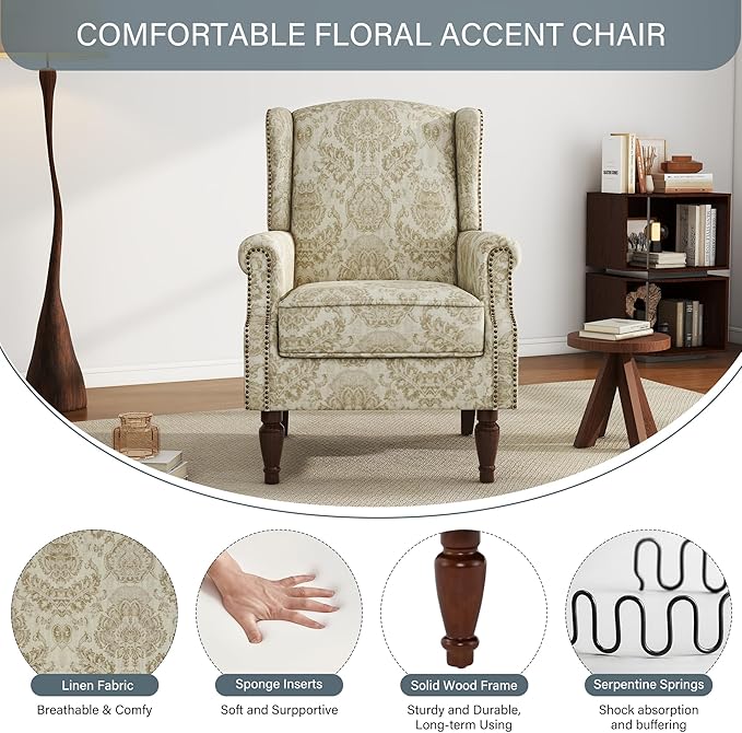UIXE High Back Floral Accent Chairs Set of 2, Upholstered Armchair in Fabric, Retro Printed Wingback Arm Chair for Living Room, Nailhead Trim Single Sofa Bedroom Reading Seat - White